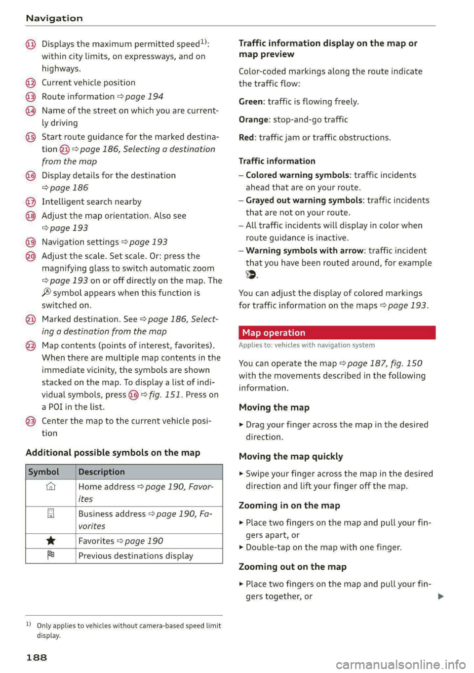AUDI A5 2020 Owners Manual Navigation
@) Displays the maximum permitted speed):
within city limits, on expressways, and on
highways.
Current vehicle position
Route information > page 194
Name of the street on which you AUDI A5 2020 Owners Manual Navigation
@) Displays the maximum permitted speed):
within city limits, on expressways, and on
highways.
Current vehicle position
Route information > page 194
Name of the street on which you