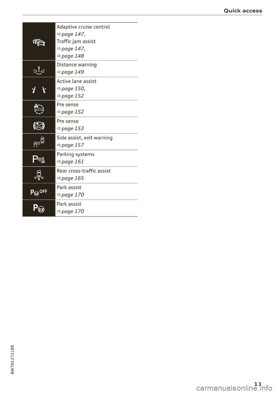 AUDI A5 2021 User Guide 8W7012721BB
Quick access
Adaptive cruise control
=> page 147,
Traffic jam assist
=> page 147,
> page 148
Distance warning
=> page 149
Active lane assist
= page 150,
=> page 152
Pre sens AUDI A5 2021 User Guide 8W7012721BB
Quick access
Adaptive cruise control
=> page 147,
Traffic jam assist
=> page 147,
> page 148
Distance warning
=> page 149
Active lane assist
= page 150,
=> page 152
Pre sens