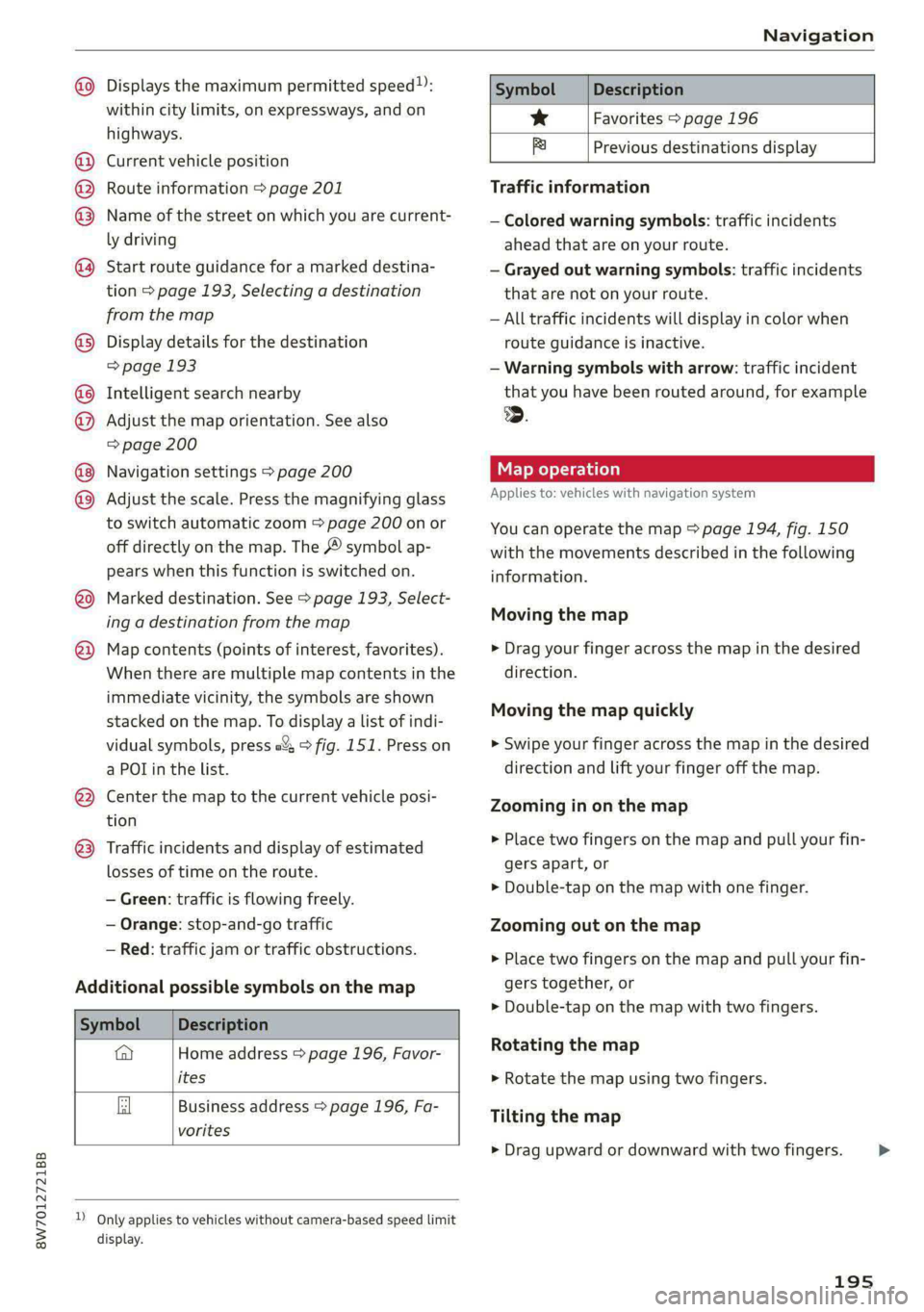 AUDI A5 2021 Owners Manual 8W7012721BB
Navigation
@ Displays the maximum permitted speed): Symbol Description
within city limits, on expressways, and on se Favorites > page 196
highways. S eT :
. . Bi AUDI A5 2021 Owners Manual 8W7012721BB
Navigation
@ Displays the maximum permitted speed): Symbol Description
within city limits, on expressways, and on se Favorites > page 196
highways. S eT :
. . Bi
