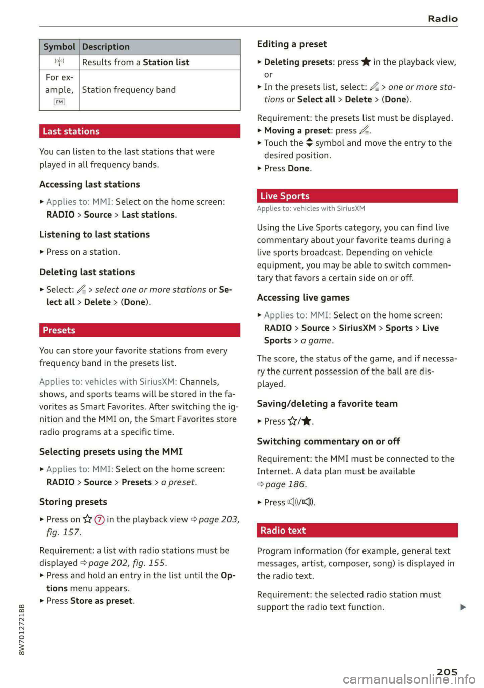 AUDI A5 2021 Owners Manual 8W7012721BB
Radio
Symbol | Description
(| Results from a Station list
For ex-
ample,
LETS at tba (ey
You can listen to the last stations that were
played in all frequency bands.
S AUDI A5 2021 Owners Manual 8W7012721BB
Radio
Symbol | Description
(| Results from a Station list
For ex-
ample,
LETS at tba (ey
You can listen to the last stations that were
played in all frequency bands.
S
