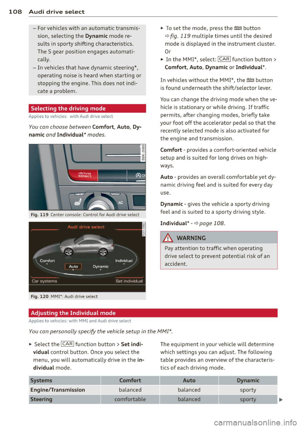 AUDI A5 CABRIOLET 2013 Owners Manual 108 Audi drive select
- Fo r vehicles wi th an automatic t ransmis
s io n, select ing t he
Dynamic mode re
s ul ts in sporty shift ing characteristics .
The S gear posit io n eng AUDI A5 CABRIOLET 2013 Owners Manual 108 Audi drive select
- Fo r vehicles wi th an automatic t ransmis
s io n, select ing t he
Dynamic mode re
s ul ts in sporty shift ing characteristics .
The S gear posit io n eng