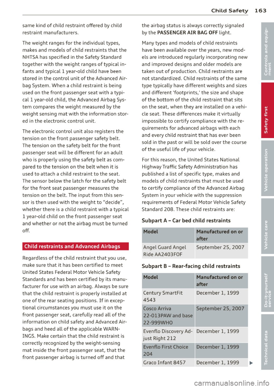 AUDI A5 CABRIOLET 2013 Owners Guide same kind of child restrain t offered by child
restraint manufacturers.
T he weight ranges for the ind iv idual types,
makes and models o f ch ild restra ints tha t the
NHTSA has s AUDI A5 CABRIOLET 2013 Owners Guide same kind of child restrain t offered by child
restraint manufacturers.
T he weight ranges for the ind iv idual types,
makes and models o f ch ild restra ints tha t the
NHTSA has s