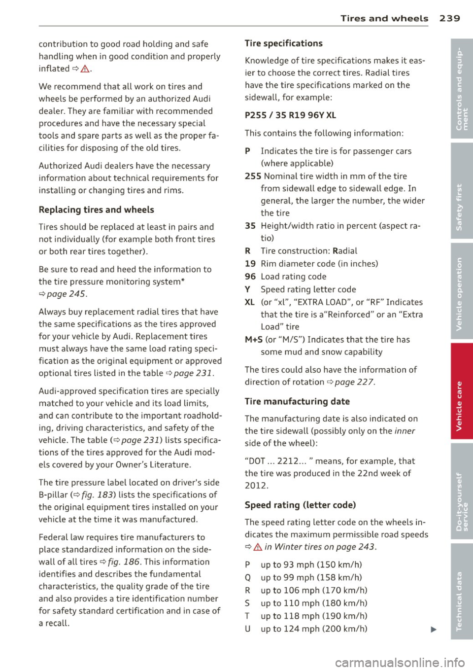 AUDI A5 CABRIOLET 2013 Owners Manual contribution to good road holding and safe
handling when in good condition and properly
inflated
¢ .&. .
We recommend that all work on t ires and
wheels be performed by an auth AUDI A5 CABRIOLET 2013 Owners Manual contribution to good road holding and safe
handling when in good condition and properly
inflated
¢ .&. .
We recommend that all work on t ires and
wheels be performed by an auth