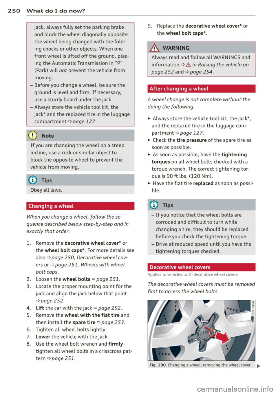 AUDI A5 CABRIOLET 2013  Owners Manual 250  What  do  I  do  n ow ? 
jack,  always  fully  set  the  parking  brake 
and  block  the  wheel  diagonally  opposite the  wheel  being  changed  with  the  fold­
ing  chocks  or other  objects 