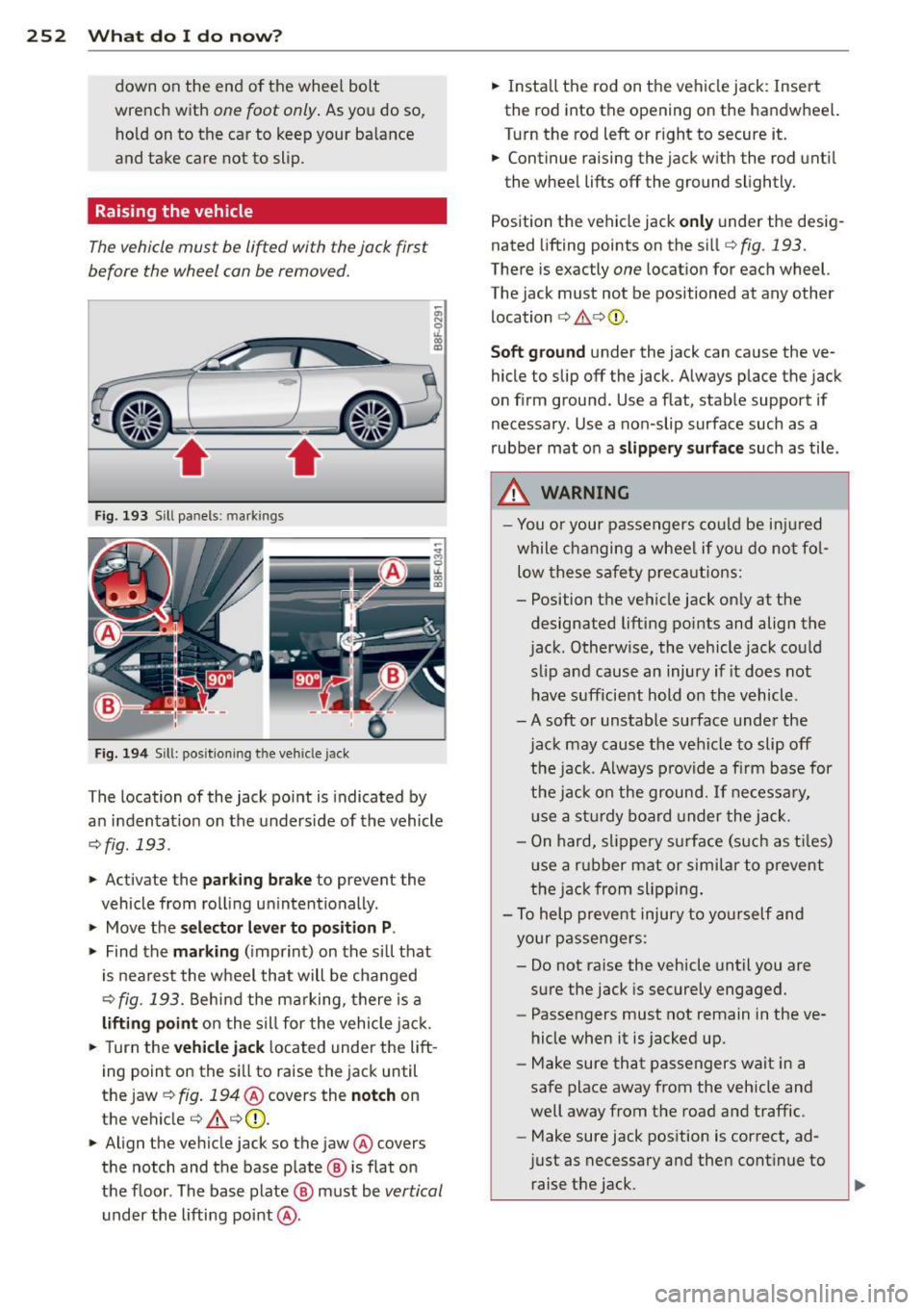 AUDI A5 CABRIOLET 2013 Owners Manual 252 What do I do now?
down on the end of the wheel bolt
wrench with
one foot only . As you do so,
hold on to the car to keep your balance
and take care not to slip.
Rai AUDI A5 CABRIOLET 2013 Owners Manual 252 What do I do now?
down on the end of the wheel bolt
wrench with
one foot only . As you do so,
hold on to the car to keep your balance
and take care not to slip.
Rai