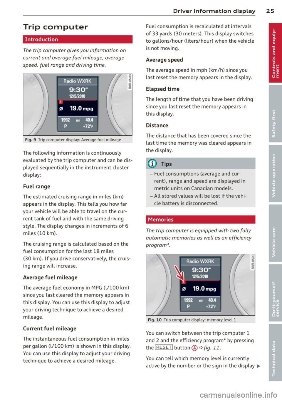 AUDI A5 CABRIOLET 2013  Owners Manual Trip  computer 
Introduction 
The trip computer  gives you  information  on 
current  and  average  fuel  mileage,  average 
speed,  fuel  range  and  driving  time . 
Fig. 9  Trip  computer  display: