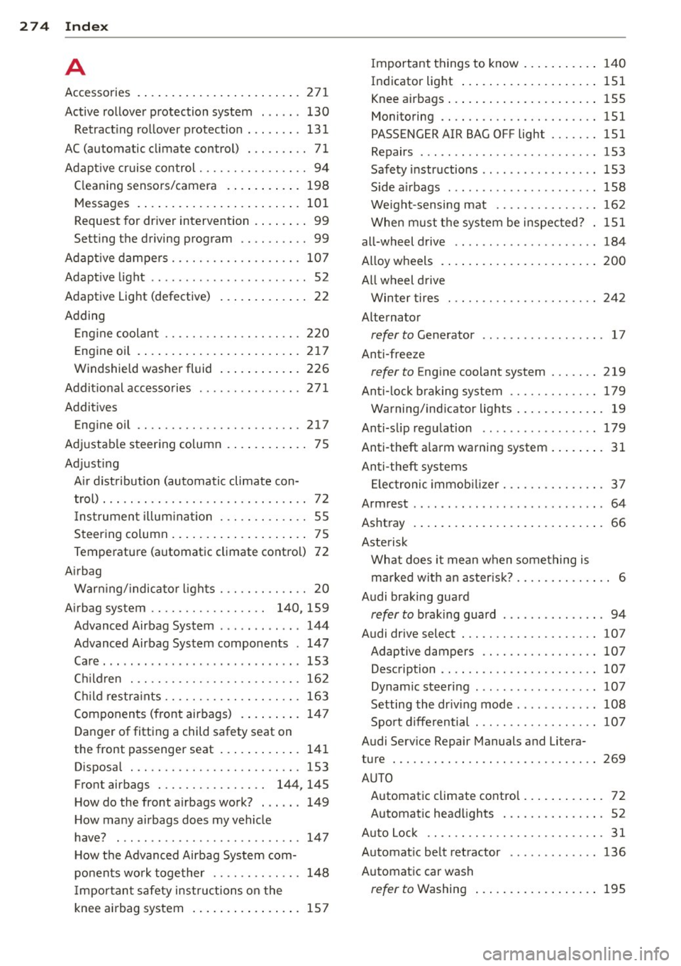 AUDI A5 CABRIOLET 2013 Service Manual 274 Index
A
Accessories . . . . . . . . . . . . . . . . . . . . . . . . 2 71
Active rollover p rotection system ... .. . 130
Retract ing ro llover protection . . . . . . . . AUDI A5 CABRIOLET 2013 Service Manual 274 Index
A
Accessories . . . . . . . . . . . . . . . . . . . . . . . . 2 71
Active rollover p rotection system ... .. . 130
Retract ing ro llover protection . . . . . . . .