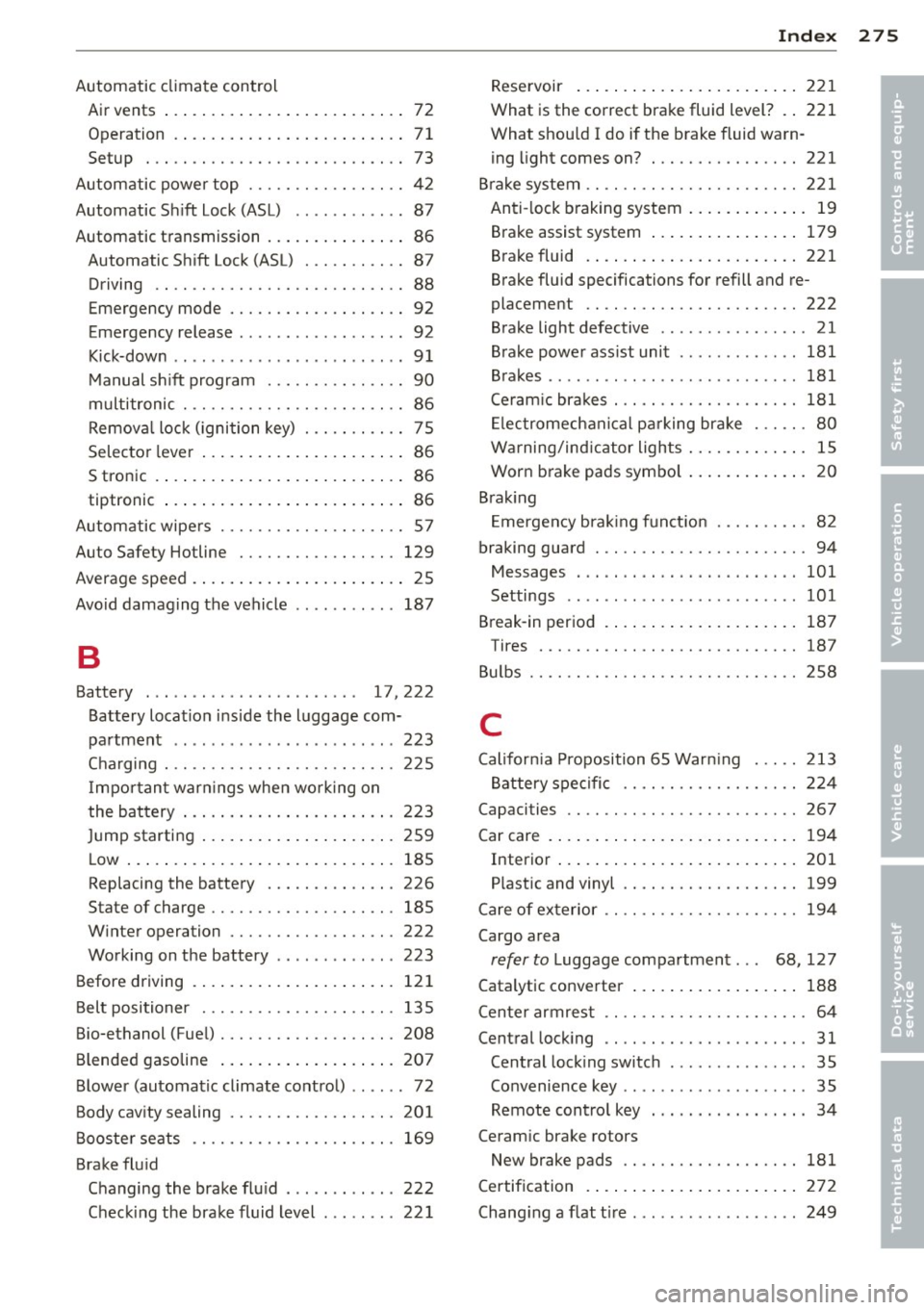 AUDI A5 CABRIOLET 2013 User Guide Automatic climate control Air vents ... .... .. .... ... .. .. .. .... 72
Operation . ..... ...... ... .. .. .. .. .. 71
Setup ... .. ................. .. .... 73
Automatic power top . . AUDI A5 CABRIOLET 2013 User Guide Automatic climate control Air vents ... .... .. .... ... .. .. .. .... 72
Operation . ..... ...... ... .. .. .. .. .. 71
Setup ... .. ................. .. .... 73
Automatic power top . .