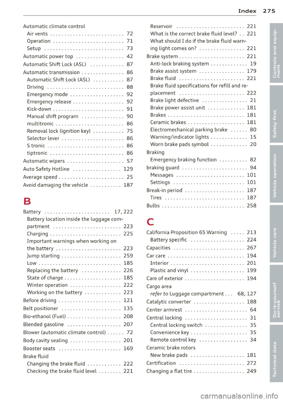 AUDI A5 CABRIOLET 2013  Owners Manual Automatic  climate  control Air vents  ... .... .. .... ... .. .. .. ....  72 
Operation  . ..... ...... ... .. .. .. .. ..  71 
Setup  ... .. ................. .. ....  73 
Automatic  power  top  . .