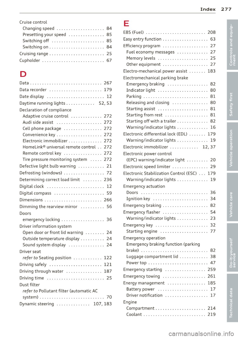 AUDI A5 CABRIOLET 2013 User Guide Index 277
-----------------------------------.......
Cruise control
Changing speed . . . . . . . . . . . . . . . . . . . . 84
Presetting your speed ....... .. .. .. .. 85
Sw itching AUDI A5 CABRIOLET 2013 User Guide Index 277
-----------------------------------.......
Cruise control
Changing speed . . . . . . . . . . . . . . . . . . . . 84
Presetting your speed ....... .. .. .. .. 85
Sw itching