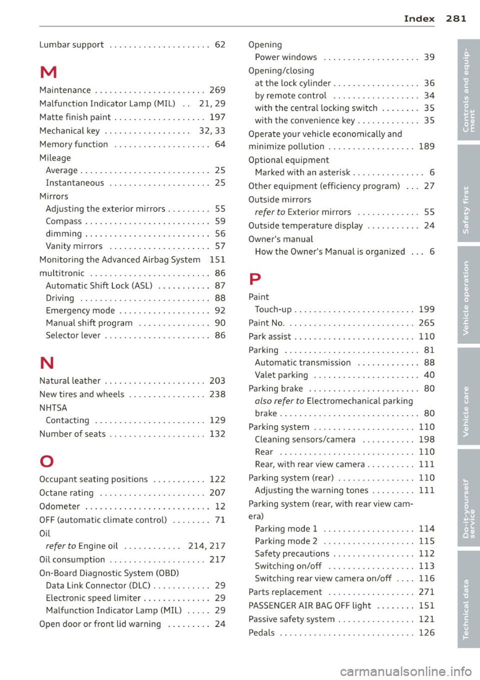 AUDI A5 CABRIOLET 2013  Owners Manual Lumbar  support  . ... .... ... .. .. .. ....  62 
M 
Maintenance  . ............. .... .. ...  269 
Malfunct ion  Indicator  Lamp  (MIL) . . 21, 29 
M atte  finish  pa int  .. ..... ... .. .. .. .. .