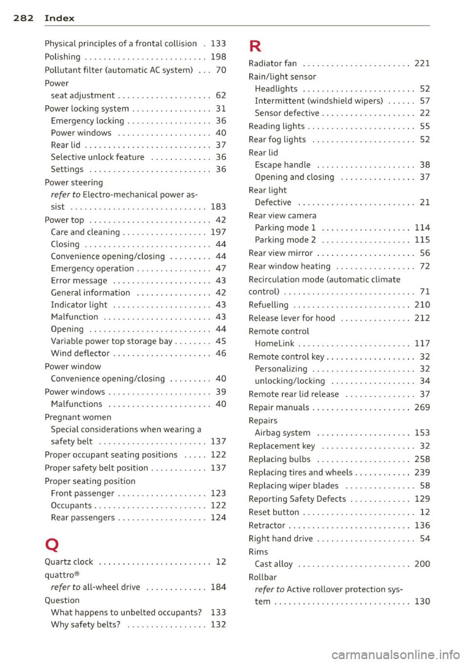 AUDI A5 CABRIOLET 2013  Owners Manual 28 2  Index  .:..:..:..::....::.....:..._ ___________________________ _ 
Physica
l principles  of  a frontal  collision  133 
Polishing  .. .. ................ ... ...  198 
Pollutant  filter (automat