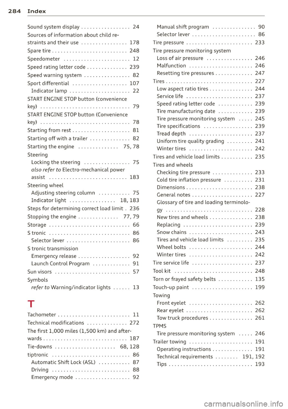 AUDI A5 CABRIOLET 2013  Owners Manual 284  Index 
Sound system  display  . . . . . . .  . .  . .  . . . .  . .  24 
Sources  of information  about  child  re-
straints  and their  use  ......... .. .... . 178 
Spare tire  .. .............