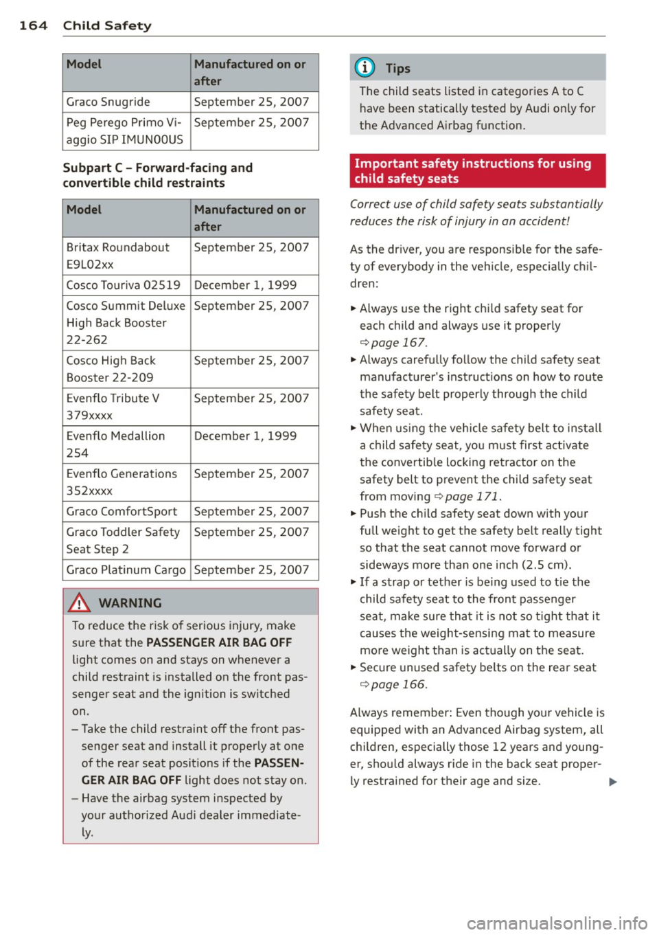 AUDI A5 CABRIOLET 2014 Service Manual 164 Child Saf ety
Model Manufactured on or
a fter
Graco Snugride September 2S, 2007
Peg Perego Primo V i- September 25, 2007
aggio SIP IMUN00US
Subpart C -Forward -facing and
c AUDI A5 CABRIOLET 2014 Service Manual 164 Child Saf ety
Model Manufactured on or
a fter
Graco Snugride September 2S, 2007
Peg Perego Primo V i- September 25, 2007
aggio SIP IMUN00US
Subpart C -Forward -facing and
c