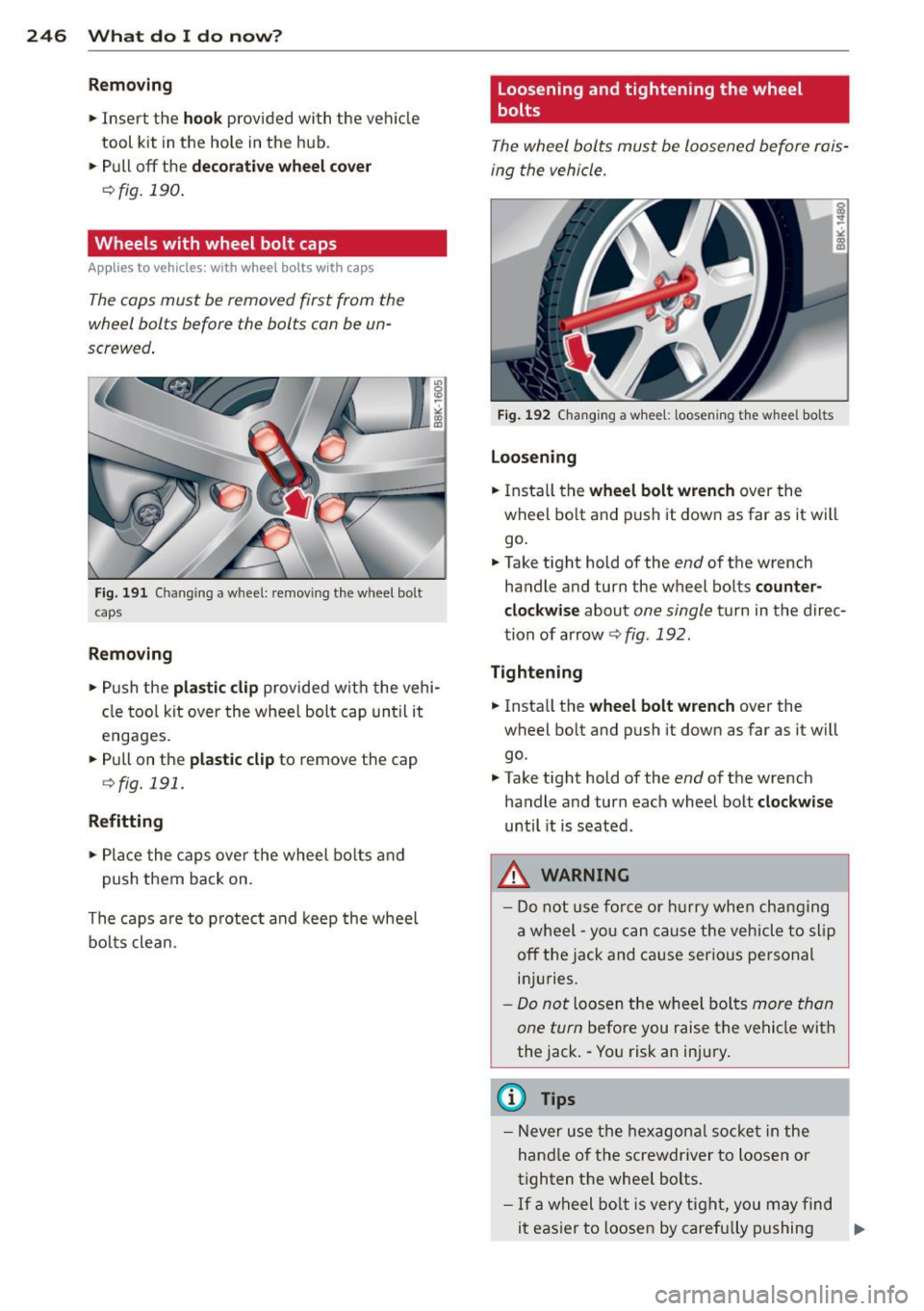 AUDI A5 CABRIOLET 2014 Owners Manual 246 What do I do now?
Removing
.,. Inse rt the hook provi ded wi th the ve hicle
tool kit in t he hole in the hub.
.,. Pull
off the decorat ive wheel cover
¢ fig. 190 .
Wheels w AUDI A5 CABRIOLET 2014 Owners Manual 246 What do I do now?
Removing
.,. Inse rt the hook provi ded wi th the ve hicle
tool kit in t he hole in the hub.
.,. Pull
off the decorat ive wheel cover
¢ fig. 190 .
Wheels w