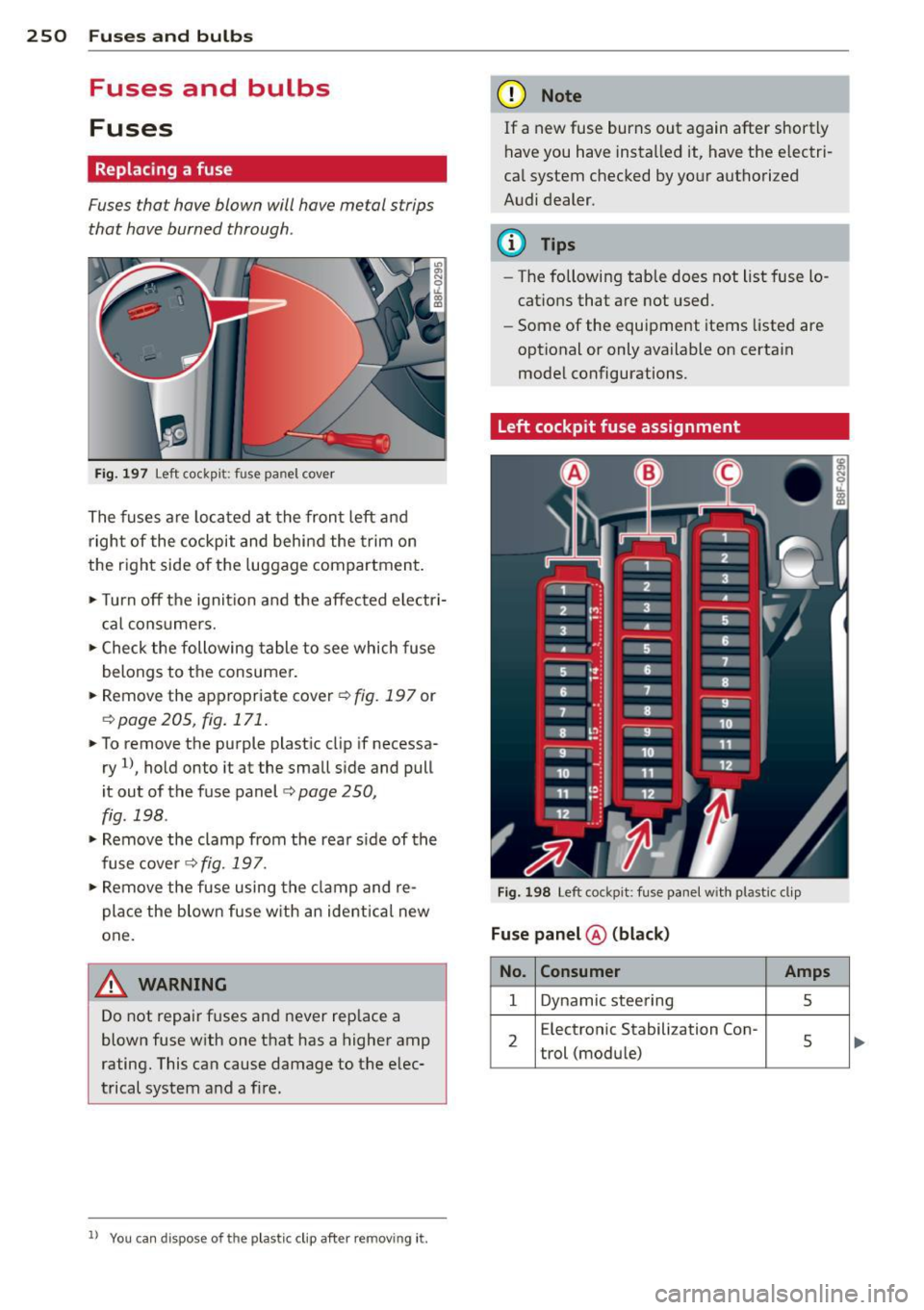 AUDI A5 CABRIOLET 2014 Owners Manual 250 Fuses and bulbs
Fuses and bulbs
Fuses
Replacing a fuse
Fuses that have blown will have metal strips
that have burned through.
Fig. 197 Left cockpit: fuse panel cover
The fuse AUDI A5 CABRIOLET 2014 Owners Manual 250 Fuses and bulbs
Fuses and bulbs
Fuses
Replacing a fuse
Fuses that have blown will have metal strips
that have burned through.
Fig. 197 Left cockpit: fuse panel cover
The fuse