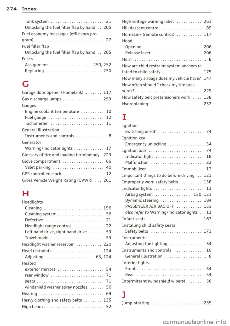 AUDI A5 CABRIOLET 2014 Owners Manual 274 Index
Tank system .......... ... .. .. .... .. 21
Unlocking the fue l filler flap by hand .. 205
Fu el economy messages (eff iciency pro-
g ram) . .. .. .. ............. .. .. .. .. AUDI A5 CABRIOLET 2014 Owners Manual 274 Index
Tank system .......... ... .. .. .... .. 21
Unlocking the fue l filler flap by hand .. 205
Fu el economy messages (eff iciency pro-
g ram) . .. .. .. ............. .. .. .. ..