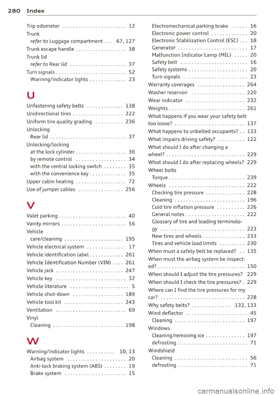 AUDI A5 CABRIOLET 2014 Owners Manual 28 0 Index
Trip odometer . . . . . . . . . . . . . . . . . . . . . . . 12
Trunk
refer to Luggage compa rtme nt .. . 67, 127
Trunk escape handle .......... .. .... .. 38
Trunk lid
r AUDI A5 CABRIOLET 2014 Owners Manual 28 0 Index
Trip odometer . . . . . . . . . . . . . . . . . . . . . . . 12
Trunk
refer to Luggage compa rtme nt .. . 67, 127
Trunk escape handle .......... .. .... .. 38
Trunk lid
r