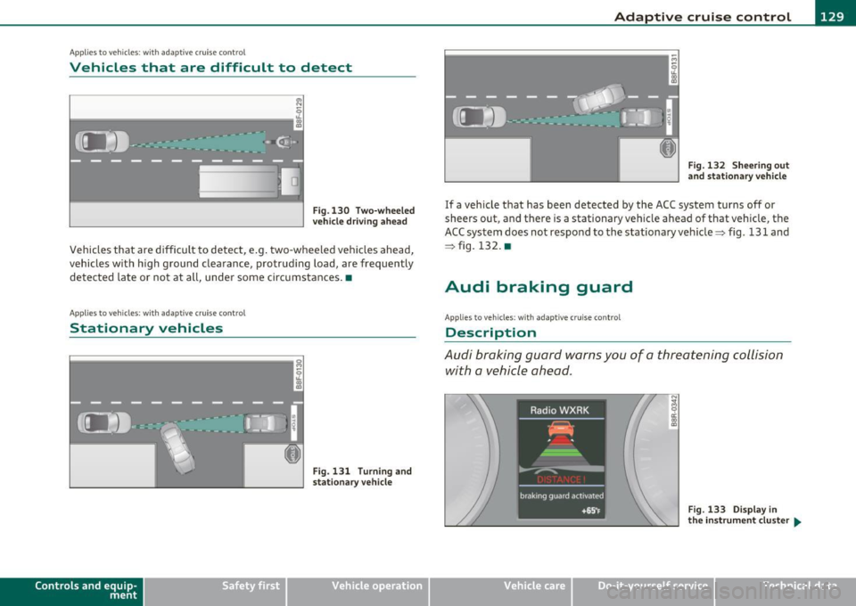 AUDI A5 CABRIOLET 2011 Owners Guide ____________________________________________ A_ d_ a___,_ p_t_ i_v _e _ c_r _u _ i_ s _e _ c_o _ n_ t_r _o _l _ __.fflI
A pp lies to vehicl es : wi th a daptiv e cr uise c ontro l
Vehicles tha AUDI A5 CABRIOLET 2011 Owners Guide ____________________________________________ A_ d_ a___,_ p_t_ i_v _e _ c_r _u _ i_ s _e _ c_o _ n_ t_r _o _l _ __.fflI
A pp lies to vehicl es : wi th a daptiv e cr uise c ontro l
Vehicles tha