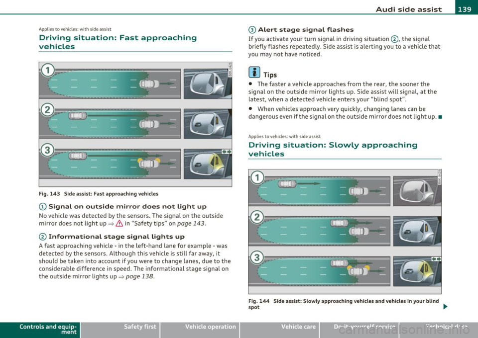 AUDI A5 CABRIOLET 2011 Owners Manual _________________________________________________ A_ u _ d_ i_ s_ id_ e_ a _ s_s _ i_s _t _ __.lftI
A pplie s to vehicles : wi th s ide ass ist
Driving situation: Fast approaching
vehicles
AUDI A5 CABRIOLET 2011 Owners Manual _________________________________________________ A_ u _ d_ i_ s_ id_ e_ a _ s_s _ i_s _t _ __.lftI
A pplie s to vehicles : wi th s ide ass ist
Driving situation: Fast approaching
vehicles