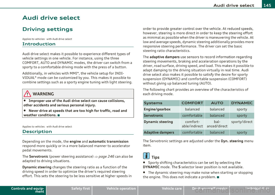 AUDI A5 CABRIOLET 2011 Owners Manual ________________________________________________ A_u_ d_i_ d_ r_iv _ e_ s_ e _ le_ c_t __ _
Audi drive select
Driving settings
Applies to veh icles : with Aud i driv e select
Introduction AUDI A5 CABRIOLET 2011 Owners Manual ________________________________________________ A_u_ d_i_ d_ r_iv _ e_ s_ e _ le_ c_t __ _
Audi drive select
Driving settings
Applies to veh icles : with Aud i driv e select
Introduction