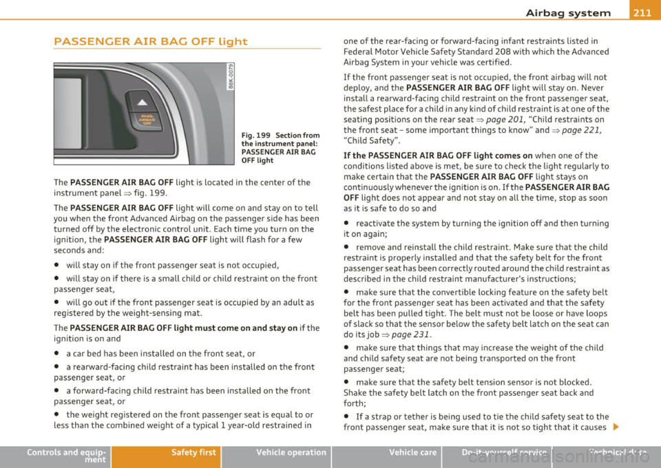 AUDI A5 CABRIOLET 2011 Service Manual _______________________________________________ A_ ir_ b_ a_,,,g ~ s,,._y _s _t_ e _ m ___ _
PASSENGER AIR BAG OFF light
Fig. 199 Section from
the in strument pa nel:
PASSENGER AIR BAG
OFF AUDI A5 CABRIOLET 2011 Service Manual _______________________________________________ A_ ir_ b_ a_,,,g ~ s,,._y _s _t_ e _ m ___ _
PASSENGER AIR BAG OFF light
Fig. 199 Section from
the in strument pa nel:
PASSENGER AIR BAG
OFF