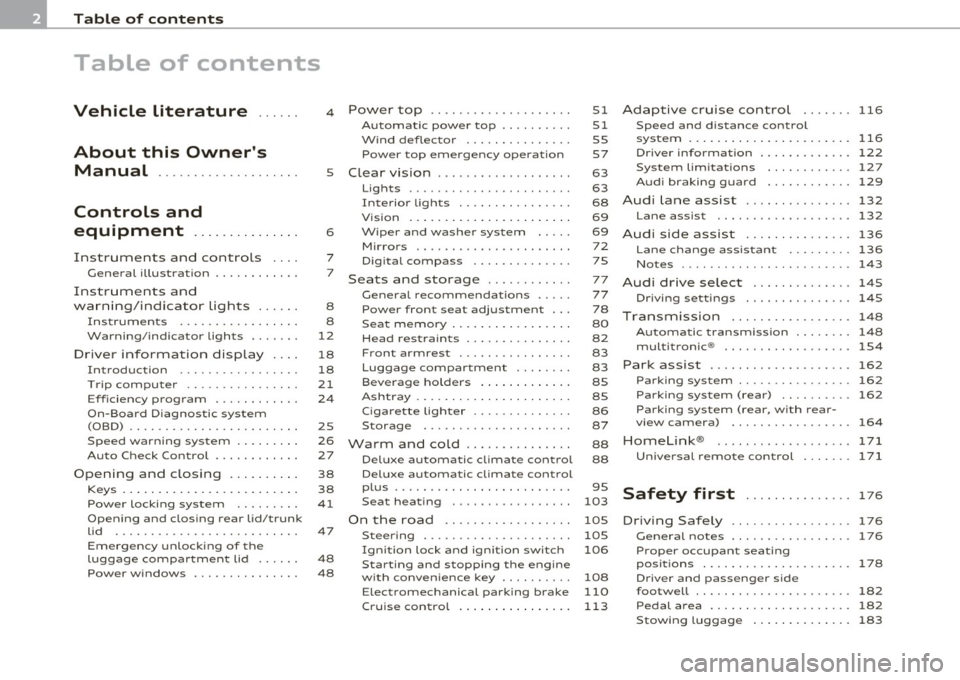 AUDI A5 CABRIOLET 2011  Owners Manual Table  of  contents 
Table  of  contents 
Vehicle  literature .....  . 
About  this  Owners  Manual  ............. ......  . 
Controls  and 
equipment  ..............  . 
Instruments  and  controls  