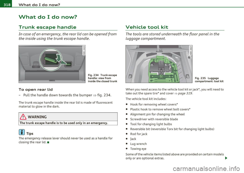 AUDI A5 CABRIOLET 2011 Owners Manual ffll.,___W_ h_ a_t _ d_ o_ I_d_ o_ n_o _w_ ? ___________________________________________ _
What do I do now?
Trunk escape handle
In case of an emergency, the rear lid can be opened fro AUDI A5 CABRIOLET 2011 Owners Manual ffll.,___W_ h_ a_t _ d_ o_ I_d_ o_ n_o _w_ ? ___________________________________________ _
What do I do now?
Trunk escape handle
In case of an emergency, the rear lid can be opened fro