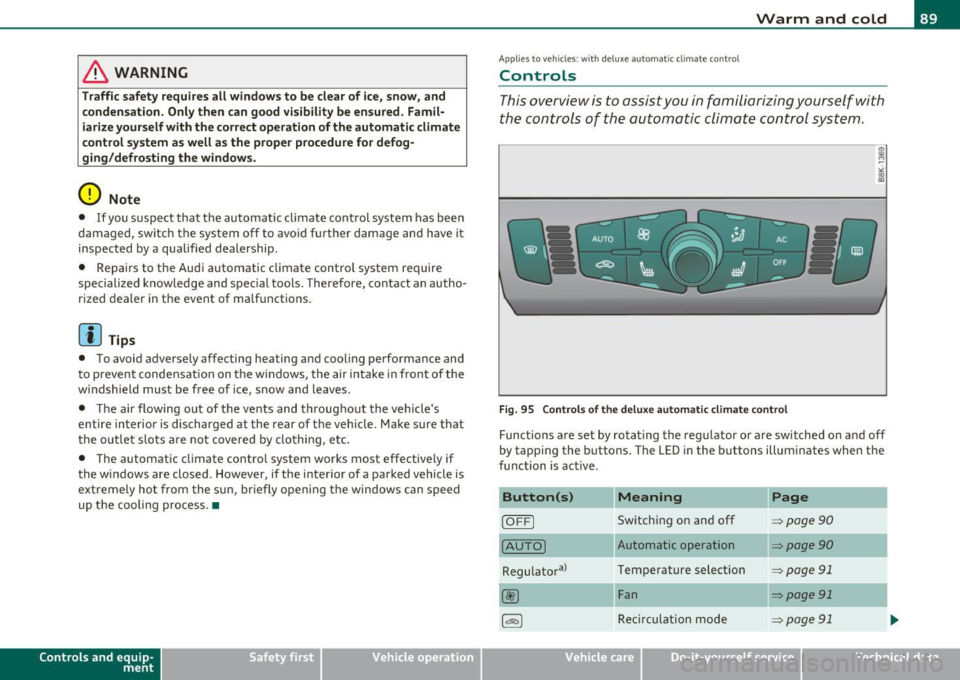 AUDI A5 CABRIOLET 2011 Owners Manual & WARNING
Tra ffic safety requires all windows to be clear of ice , snow , and
c ondensation. Only then can good visibilit y be ensured. Famil
iarize your self with the correct operat AUDI A5 CABRIOLET 2011 Owners Manual & WARNING
Tra ffic safety requires all windows to be clear of ice , snow , and
c ondensation. Only then can good visibilit y be ensured. Famil
iarize your self with the correct operat