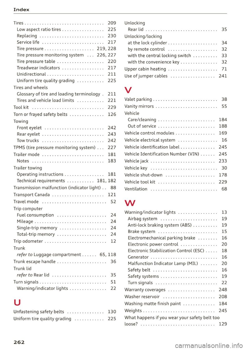 AUDI A5 CABRIOLET 2015 Owners Manual Index
Tires................................ 209
Low aspect ratio tires. . . . . . . . . . . . . . . . . 225
Replacing . . . . . . . . . . . . . . . . . . . . . . . . . . 230
S AUDI A5 CABRIOLET 2015 Owners Manual Index
Tires................................ 209
Low aspect ratio tires. . . . . . . . . . . . . . . . . 225
Replacing . . . . . . . . . . . . . . . . . . . . . . . . . . 230
S