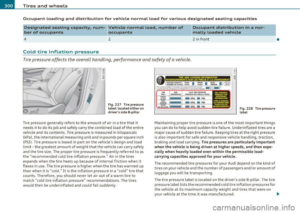AUDI A5 CABRIOLET 2010 Owners Manual ___ T_ ir_e_ s_ a_ n_d _ w_ h_ e _ e_l_ s _________________________________________________ _
Occ up ant loading and distribution for vehi cle normal load for various d esignated seating AUDI A5 CABRIOLET 2010 Owners Manual ___ T_ ir_e_ s_ a_ n_d _ w_ h_ e _ e_l_ s _________________________________________________ _
Occ up ant loading and distribution for vehi cle normal load for various d esignated seating