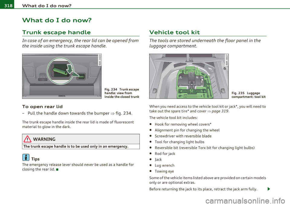 AUDI A5 CABRIOLET 2010 Owners Manual ffll.,___W_ h_ a_t _ d_ o_ I_d_ o_ n_o _w_ ? ___________________________________________ _
What do I do now?
Trunk escape handle
In case of an emergency, the rear lid can be opened fro AUDI A5 CABRIOLET 2010 Owners Manual ffll.,___W_ h_ a_t _ d_ o_ I_d_ o_ n_o _w_ ? ___________________________________________ _
What do I do now?
Trunk escape handle
In case of an emergency, the rear lid can be opened fro