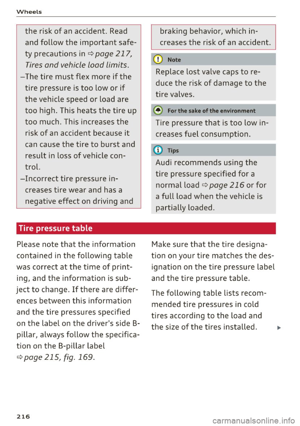 AUDI A5 COUPE 2016 Owners Manual Wheels
the risk of an accident. Read and follow the important safe
ty precautions in r=:> page 217,
Tires and vehicle load limits.
-The tire must flex more if the tire press AUDI A5 COUPE 2016 Owners Manual Wheels
the risk of an accident. Read and follow the important safe
ty precautions in r=:> page 217,
Tires and vehicle load limits.
-The tire must flex more if the tire press