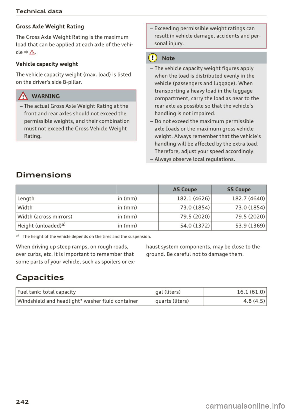 AUDI A5 COUPE 2016 Owners Manual Tech nical data
Gross Axle Weight Rating
The G ross Ax le We ight Rating is the max imum
load that can b e applied at each axle of the vehi
cle ¢& .
Vehicle capacity weight AUDI A5 COUPE 2016 Owners Manual Tech nical data
Gross Axle Weight Rating
The G ross Ax le We ight Rating is the max imum
load that can b e applied at each axle of the vehi
cle ¢& .
Vehicle capacity weight