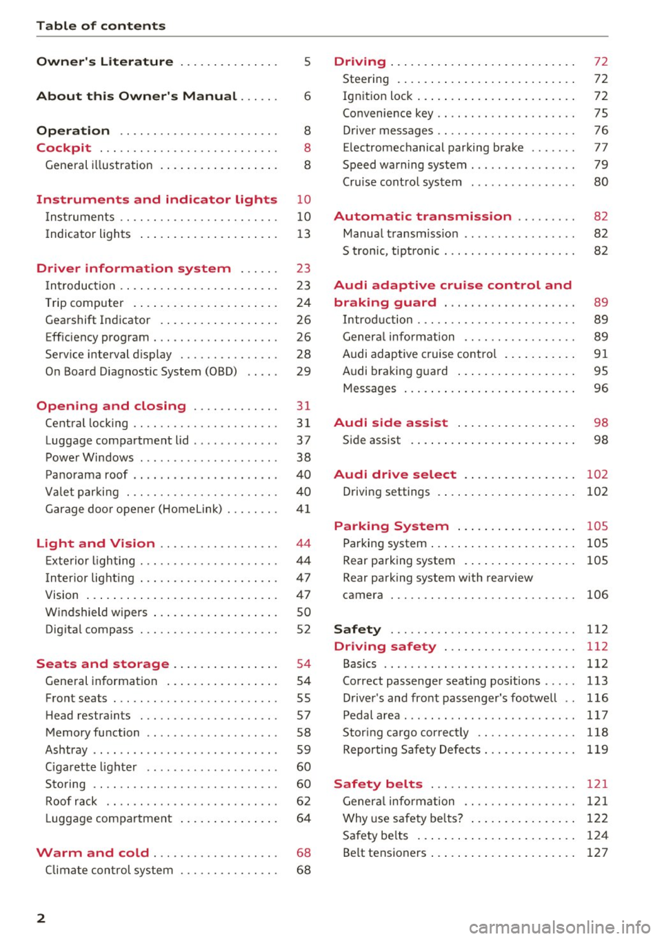 AUDI A5 COUPE 2016  Owners Manual Table  of  contents 
Owners  Literature 
About  this  Owners  Manual  ... .. . 
Operation  .. ................... .. . 
Cockpit  ..... .. ............. .... ..  . 
General  illustration  . .. ..... 