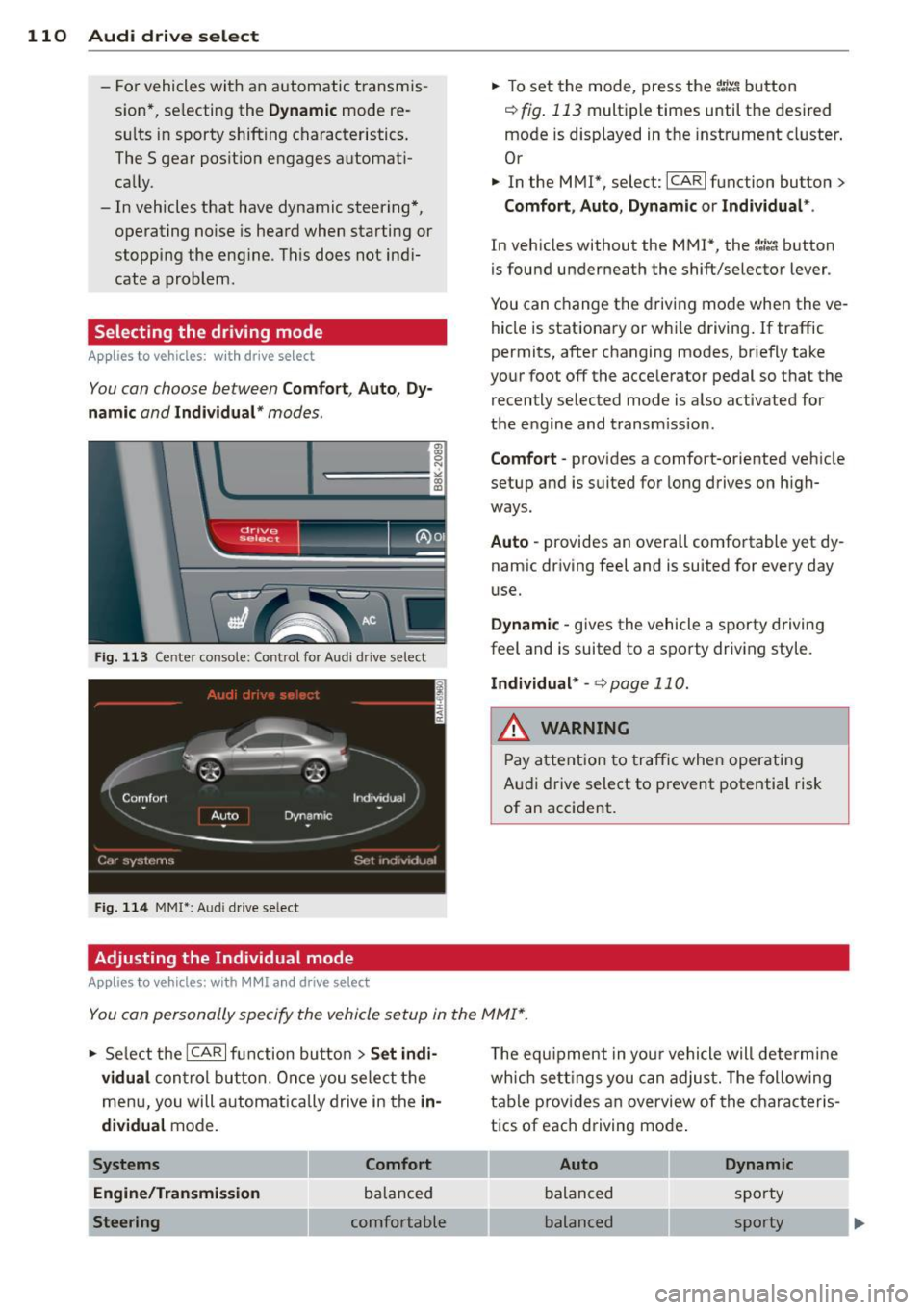 AUDI A5 COUPE 2013 Owners Manual 110  Audi drive  select 
-For  vehicles with  an automatic  transmis ­
sion*,  se lecting  the 
Dynamic mode  re­
su lts  in sporty  shifting  characteristics. 
The S gear  position  engages automat