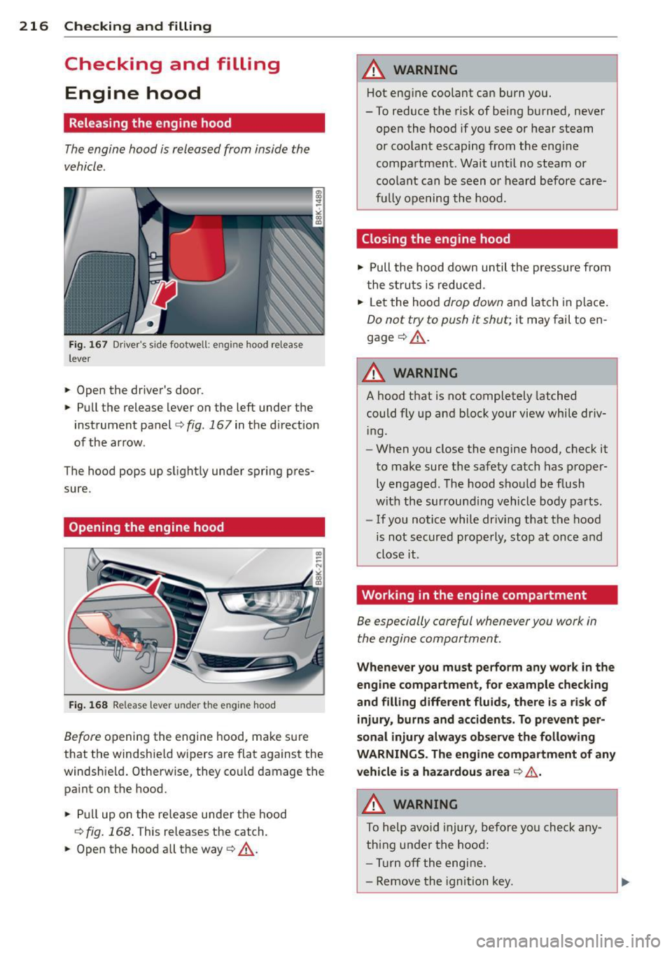 AUDI A5 COUPE 2013 User Guide 216 Checking and filling
Checking and filling
Engine hood
Releasing the engine hood
The engine hood is released from inside the
vehicle .
Fig . 16 7 Dr iver s side footwe ll: e ng AUDI A5 COUPE 2013 User Guide 216 Checking and filling
Checking and filling
Engine hood
Releasing the engine hood
The engine hood is released from inside the
vehicle .
Fig . 16 7 Dr iver s side footwe ll: e ng