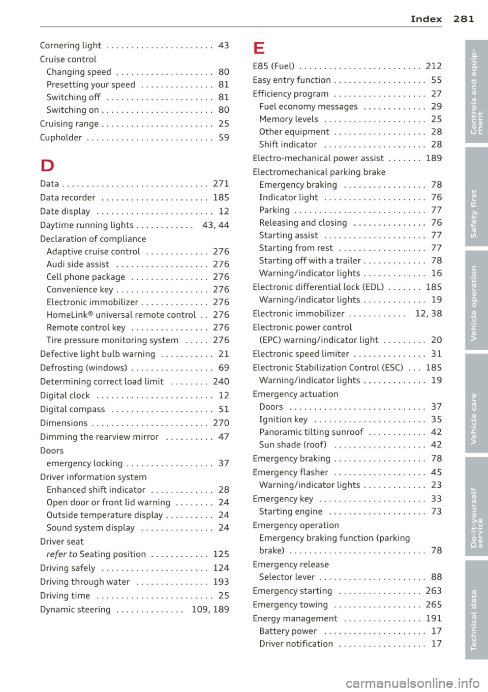 AUDI A5 COUPE 2013  Owners Manual _______________________________ I~ n~ d:::: e~x  281 
Cornering  light  ..... .... ... .. .. .. ....  43 
Cruise control  Changing  speed  . . . . . . . . . .  . . . .  . .  . . . .  80 
Pr esetting  
