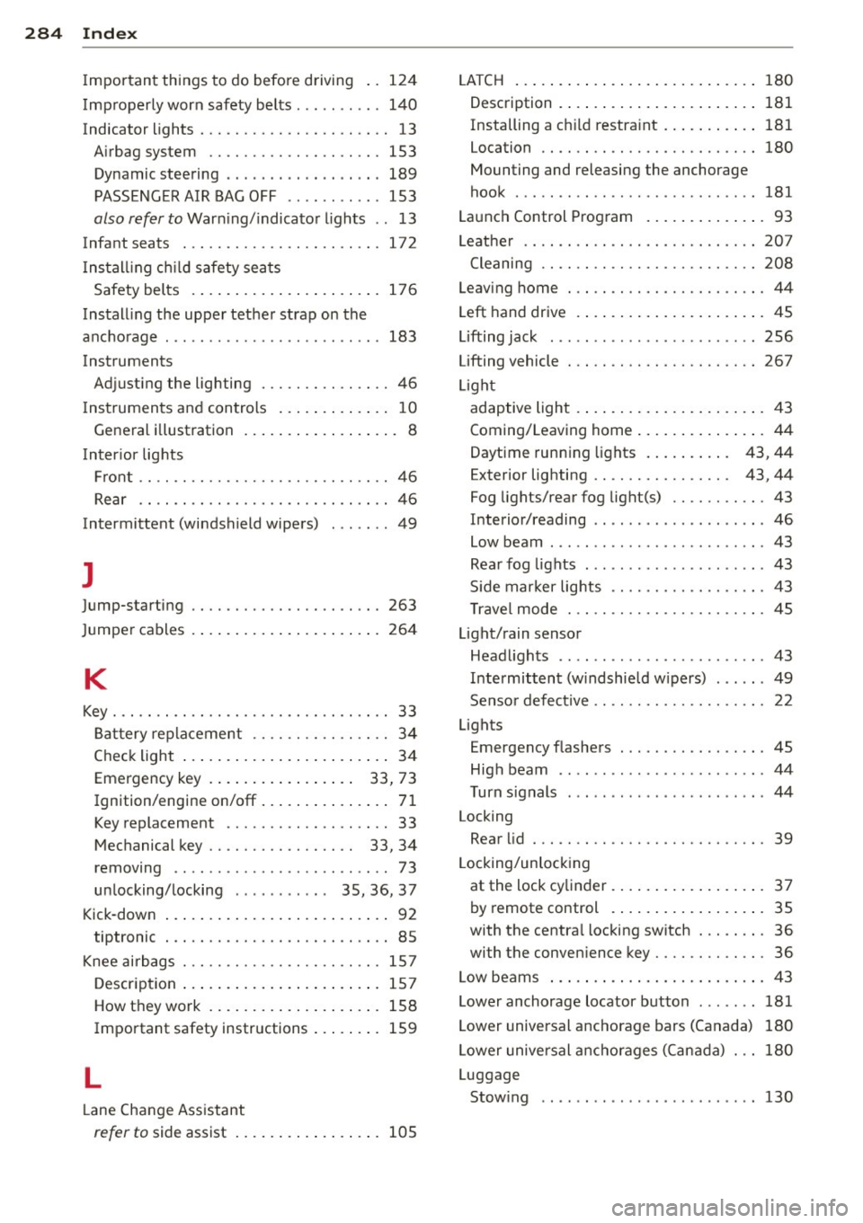 AUDI A5 COUPE 2013 Owners Manual 284  Index 
Important  things  to  do before  driving  ..  124 
Improperly  worn  safety  belts  ..... .. ...  140 
Indicator  lights  ............ .. .. .. .. ..  13 
Airbag  system  ............. ..
