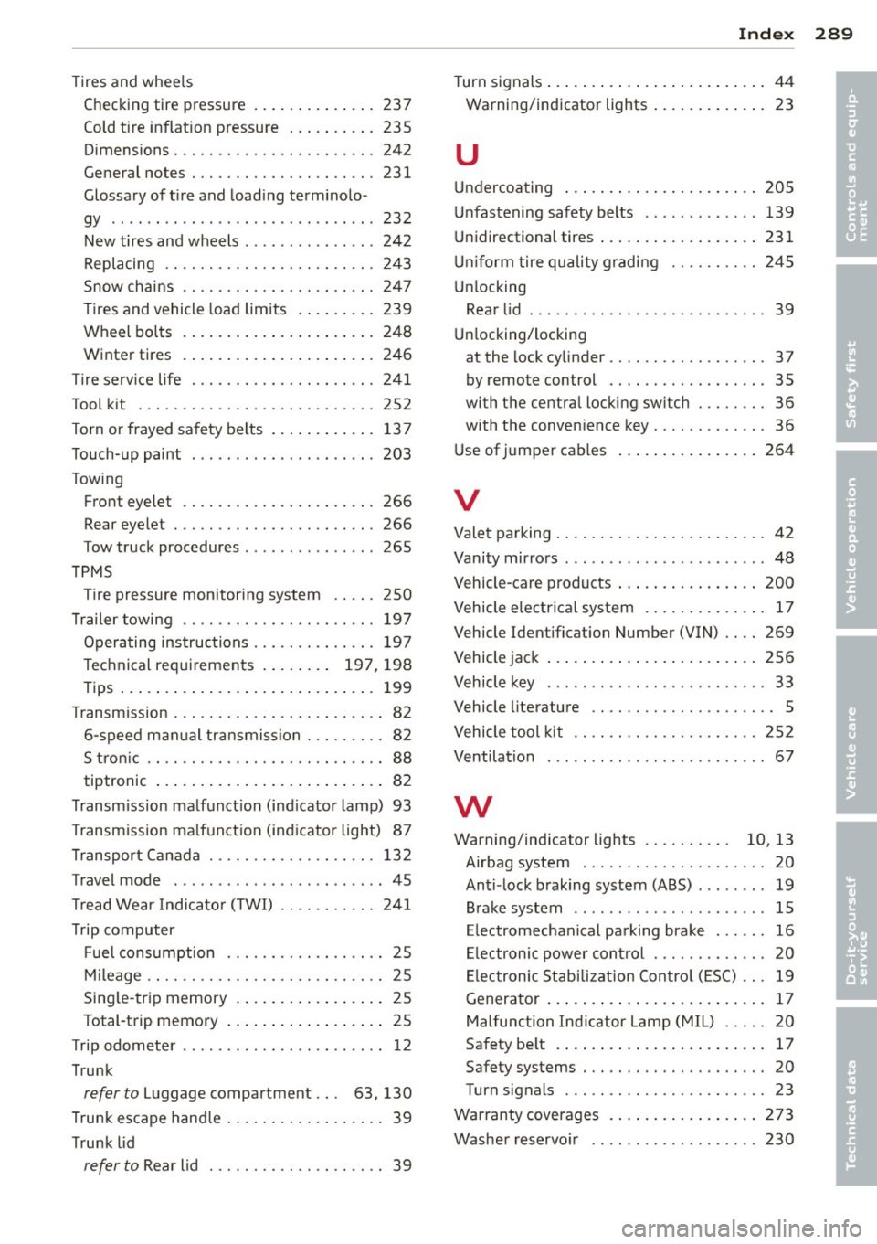 AUDI A5 COUPE 2013  Owners Manual Tires and wheels 
Checking tire  pressure  .. ... .. .. .. .. .  237 
Cold tire  inflat ion  pressure  ... .. .. .. .  235 
Dimensions  . ............. .... .. ...  242 
General  notes  ............ .