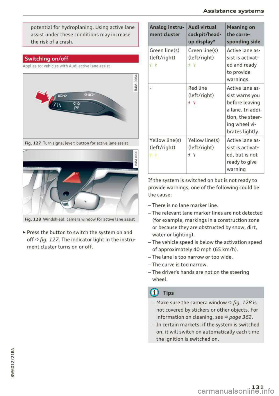 AUDI A5 COUPE 2018 Owners Manual potential for hydroplaning. Using active lane
assist under these conditions may increase
the risk of a crash.
Switching on/off
Applies to: veh icles with Audi active lane assist
Fi AUDI A5 COUPE 2018 Owners Manual potential for hydroplaning. Using active lane
assist under these conditions may increase
the risk of a crash.
Switching on/off
Applies to: veh icles with Audi active lane assist
Fi