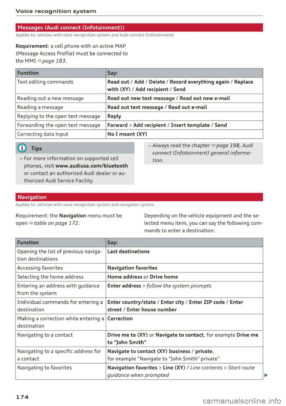 AUDI A5 COUPE 2018 Owners Manual Voice recognition system Messages (Audi connect (Infotainment))
Applies to: vehicles with voice recognition system and Audi connect (Infotainment)
Requirement : a ce ll phone w ith a AUDI A5 COUPE 2018 Owners Manual Voice recognition system Messages (Audi connect (Infotainment))
Applies to: vehicles with voice recognition system and Audi connect (Infotainment)
Requirement : a ce ll phone w ith a