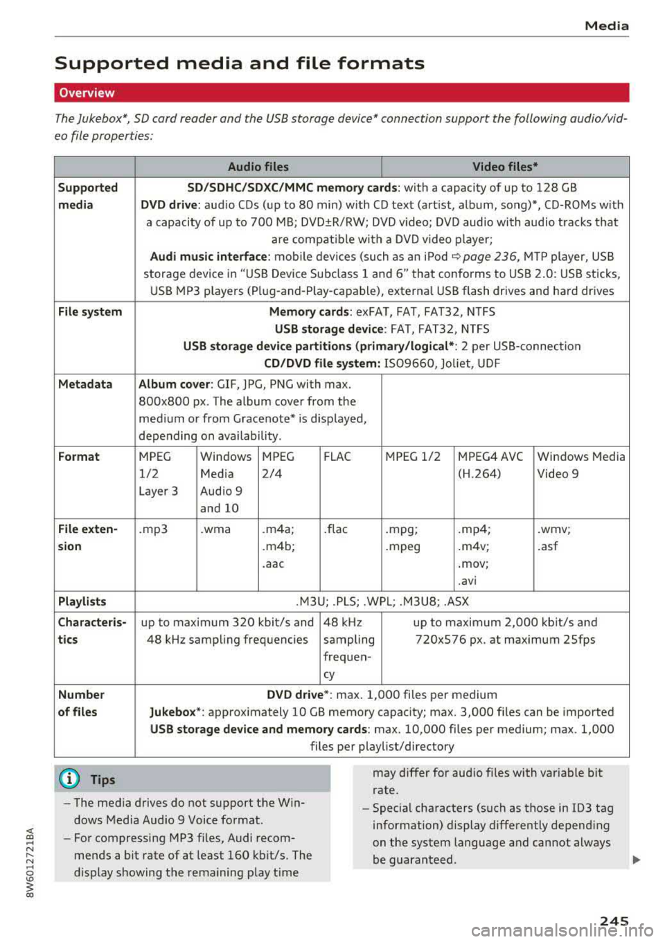 AUDI A5 COUPE 2018 Owners Manual <( a, ..... N ,....
N ..... 0 \0
3 a,
Media
Supported media and file formats
Overview
The Jukebox*, SD card reader and th e USB storage d evice* connection support the follo wing au AUDI A5 COUPE 2018 Owners Manual <( a, ..... N ,....
N ..... 0 \0
3 a,
Media
Supported media and file formats
Overview
The Jukebox*, SD card reader and th e USB storage d evice* connection support the follo wing au