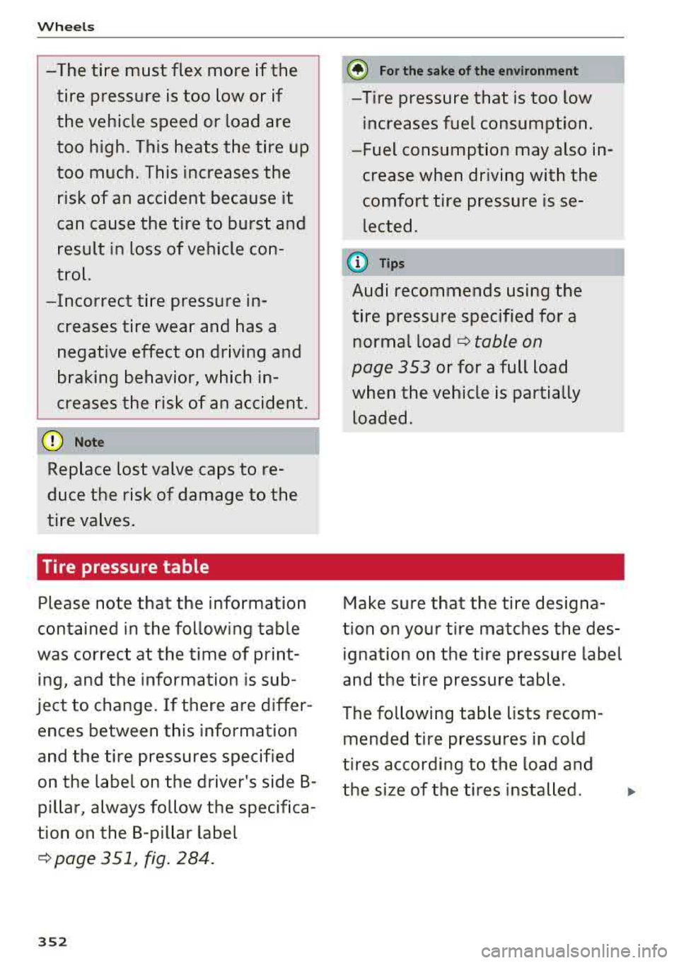AUDI A5 COUPE 2018 Owners Manual Wheels
-The tire must flex more if the tire pressure is too low or if
the vehicle speed or load are
too high . This heats the tire up
too much. This increases the
risk AUDI A5 COUPE 2018 Owners Manual Wheels
-The tire must flex more if the tire pressure is too low or if
the vehicle speed or load are
too high . This heats the tire up
too much. This increases the
risk