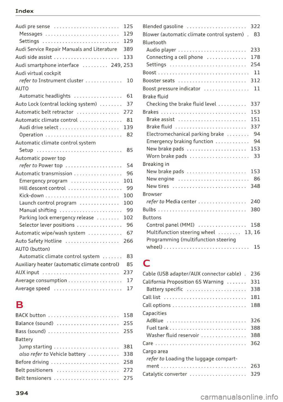 AUDI A5 COUPE 2018 Owners Manual Index
Audi p re sense . . . . . . . . . . . . . . . . . . . . . . . 125
M essages . . . . . . . . . . . . . . . . . . . . . . . . . . 129
Sett ings . . . . . . . . . . . . AUDI A5 COUPE 2018 Owners Manual Index
Audi p re sense . . . . . . . . . . . . . . . . . . . . . . . 125
M essages . . . . . . . . . . . . . . . . . . . . . . . . . . 129
Sett ings . . . . . . . . . . . .