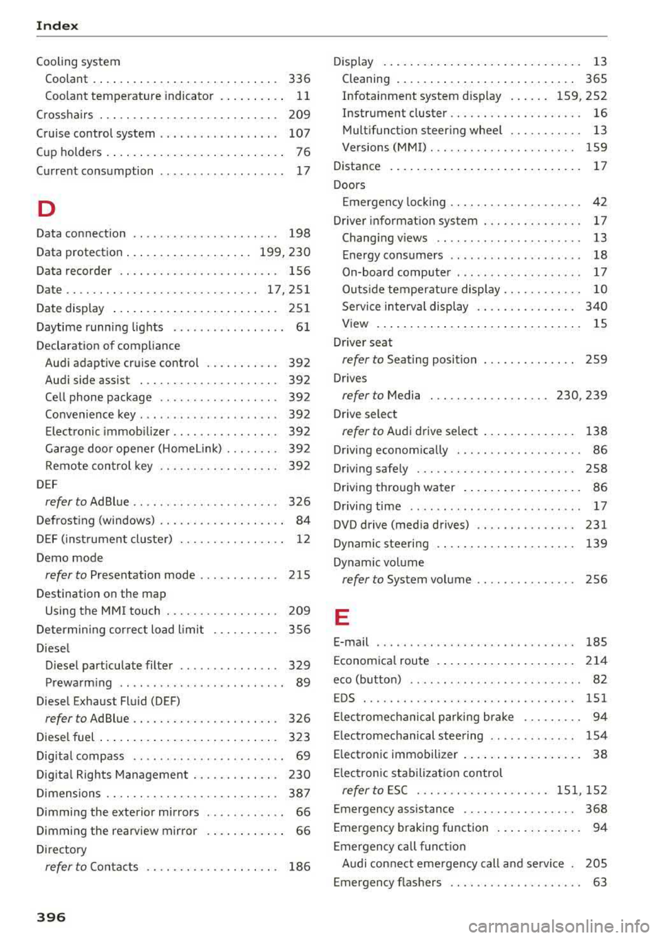 AUDI A5 COUPE 2018  Owners Manual Index 
Cooling  system Coolant  .  . . .  . . . .  . . .  .  . . . . . .  . . .  . .  . .  . . . 
336 
Coolant  temperature  indicato r . .  . .  . .  . .  . . 11 
C ross ha irs  .  . .  . .  . .  . .