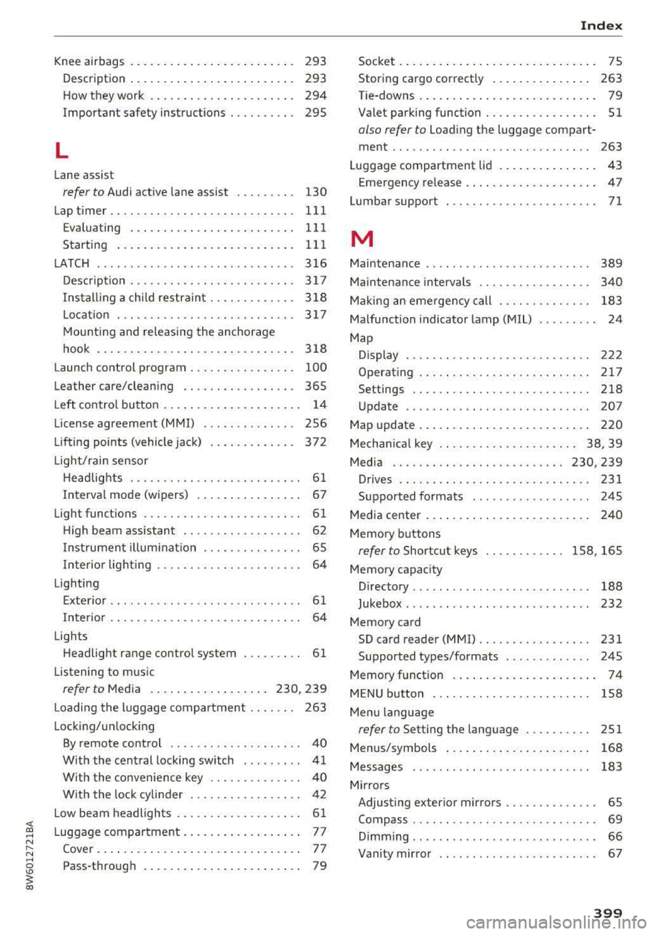 AUDI A5 COUPE 2018 Owners Manual <( a, .... N ,....
N .... 0 \0
3 a,
Knee airbags . . . . . . . . . . . . . . . . . . . . . . . . . 293
Description . . . . . . . . . . . . . . . . . . . . . . . . . 293
How they AUDI A5 COUPE 2018 Owners Manual <( a, .... N ,....
N .... 0 \0
3 a,
Knee airbags . . . . . . . . . . . . . . . . . . . . . . . . . 293
Description . . . . . . . . . . . . . . . . . . . . . . . . . 293
How they