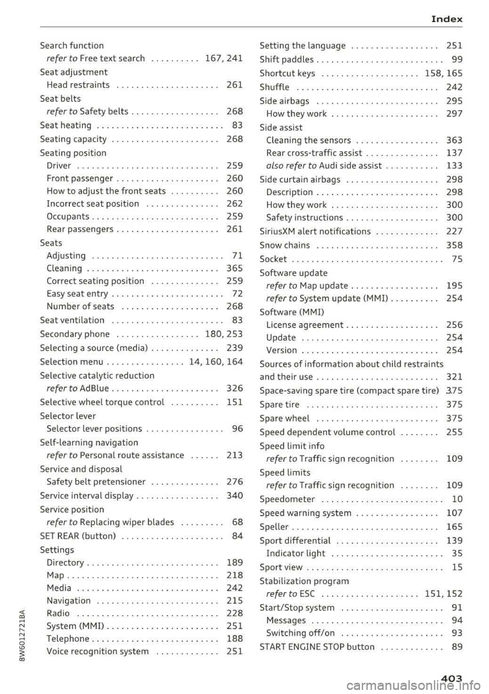 AUDI A5 COUPE 2018 Owners Manual <( a, .... N ,....
N .... 0 \0
3 a,
Search function
refer to Free text search
Seat adjustment
H ead restraints
Seat belts 167,241
261
refer to Safety belts . . . . . . . . . . . AUDI A5 COUPE 2018 Owners Manual <( a, .... N ,....
N .... 0 \0
3 a,
Search function
refer to Free text search
Seat adjustment
H ead restraints
Seat belts 167,241
261
refer to Safety belts . . . . . . . . . . .