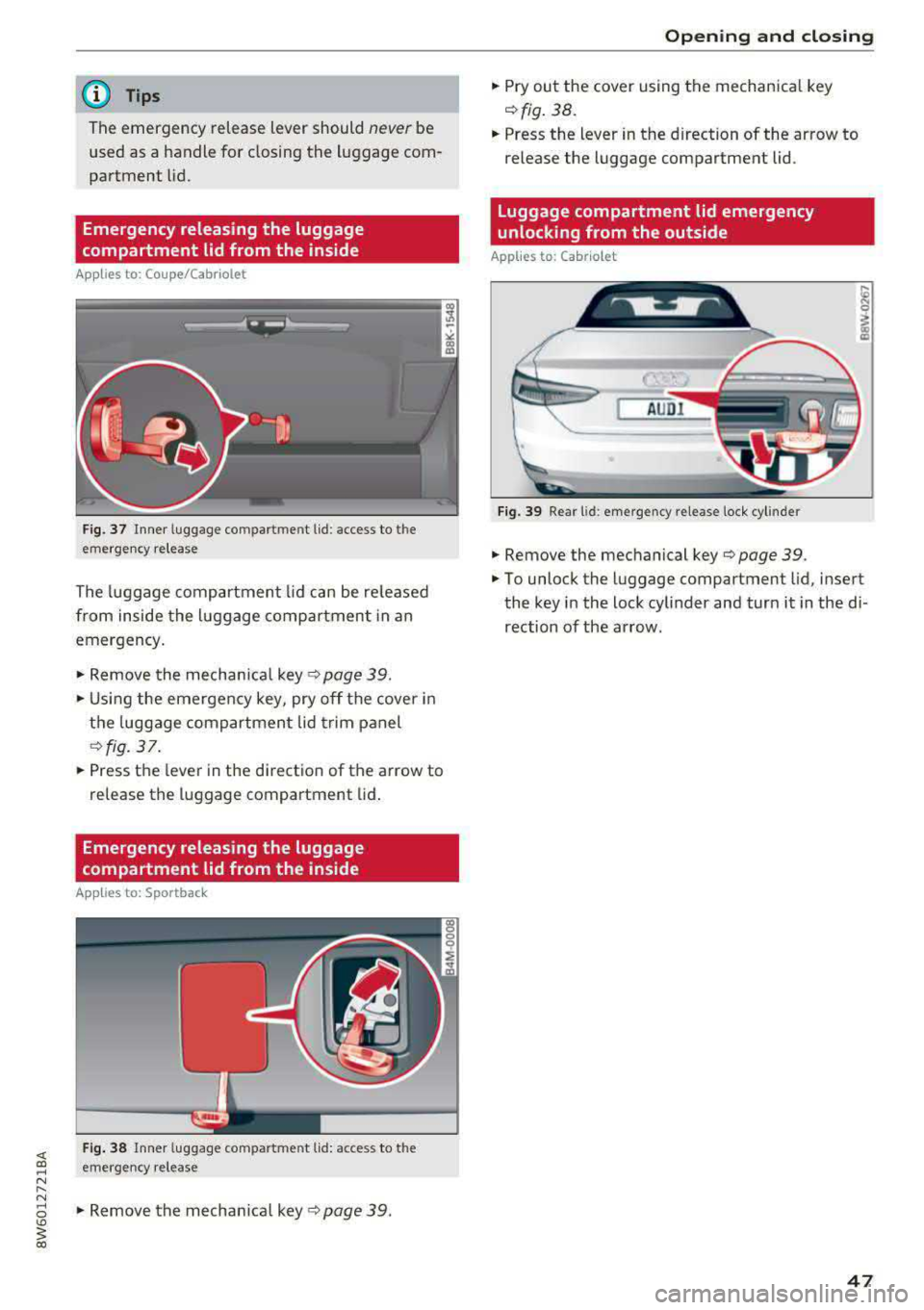 AUDI A5 COUPE 2018 Service Manual @ Tips
The emergency release lever should
never be
used as a handle for closing the luggage com
partment lid.
Emergency releasing the luggage
compartment lid from the inside
AUDI A5 COUPE 2018 Service Manual @ Tips
The emergency release lever should
never be
used as a handle for closing the luggage com
partment lid.
Emergency releasing the luggage
compartment lid from the inside