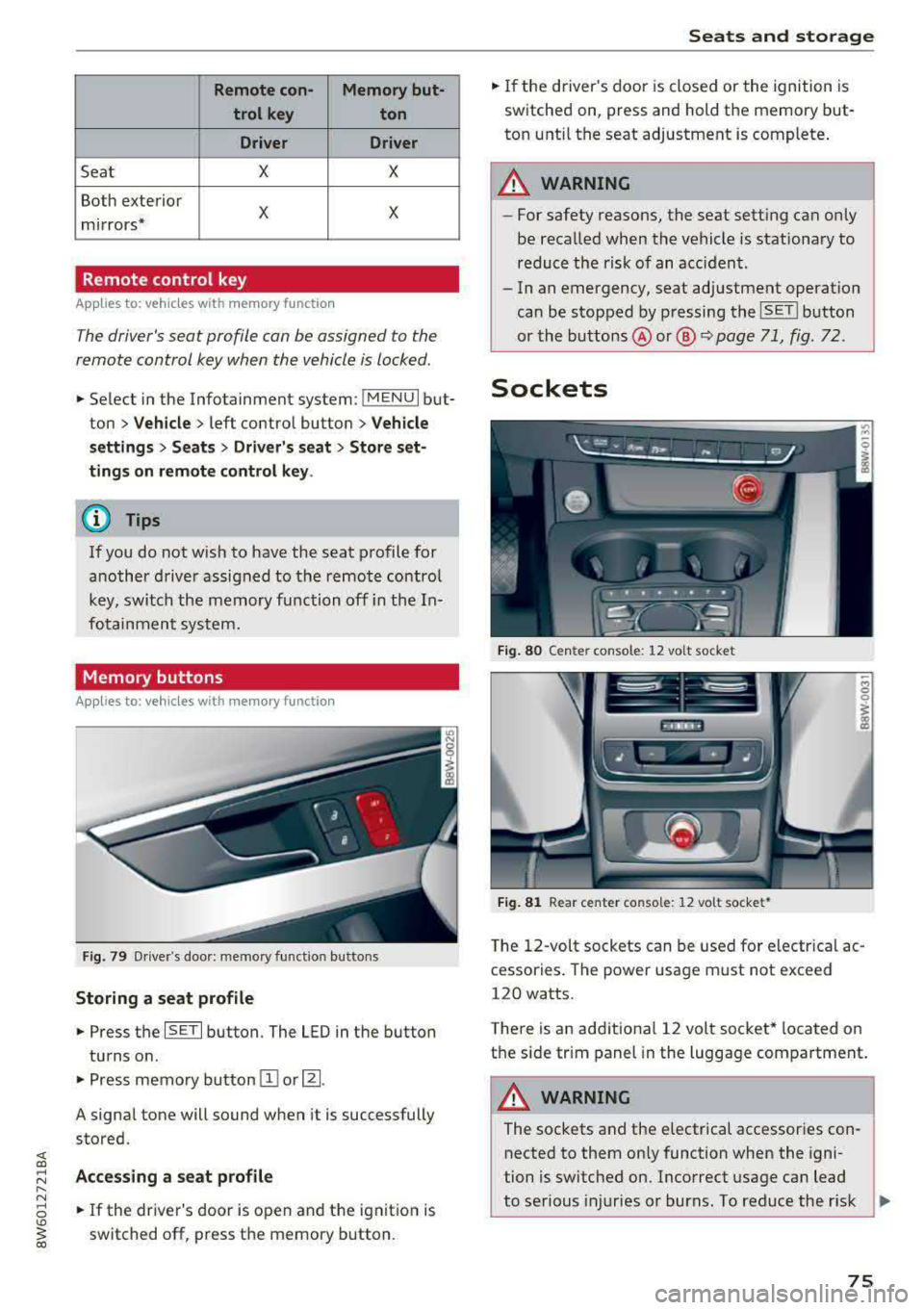 AUDI A5 COUPE 2018 Manual PDF Remote con- Memory but-trol key ton
Driver Driver
Sea t X X
Both exterior
X X mirrors*
Remote control key
Applies to: vehicles with memory function
The drivers seat profile can b AUDI A5 COUPE 2018 Manual PDF Remote con- Memory but-trol key ton
Driver Driver
Sea t X X
Both exterior
X X mirrors*
Remote control key
Applies to: vehicles with memory function
The drivers seat profile can b